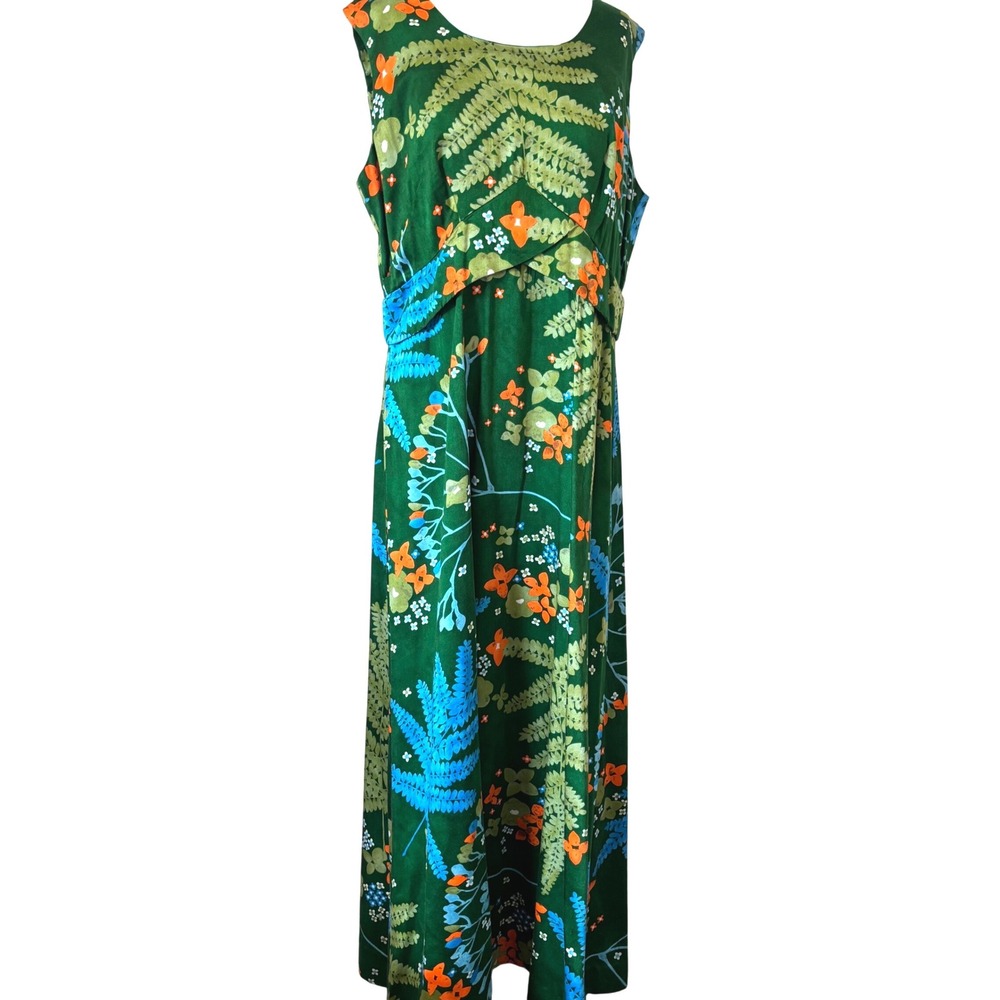 Vintage 60s 70s Fumis Honolulu Hawaii Green Floral Maxi Dress Talon Zip L/XL